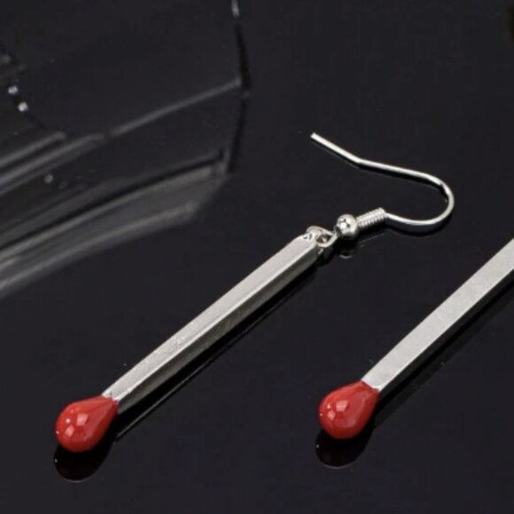 Silver Matchstick Minimalist Trendy Streetwear Dangle Earrings NEW - Picture 2 of 6